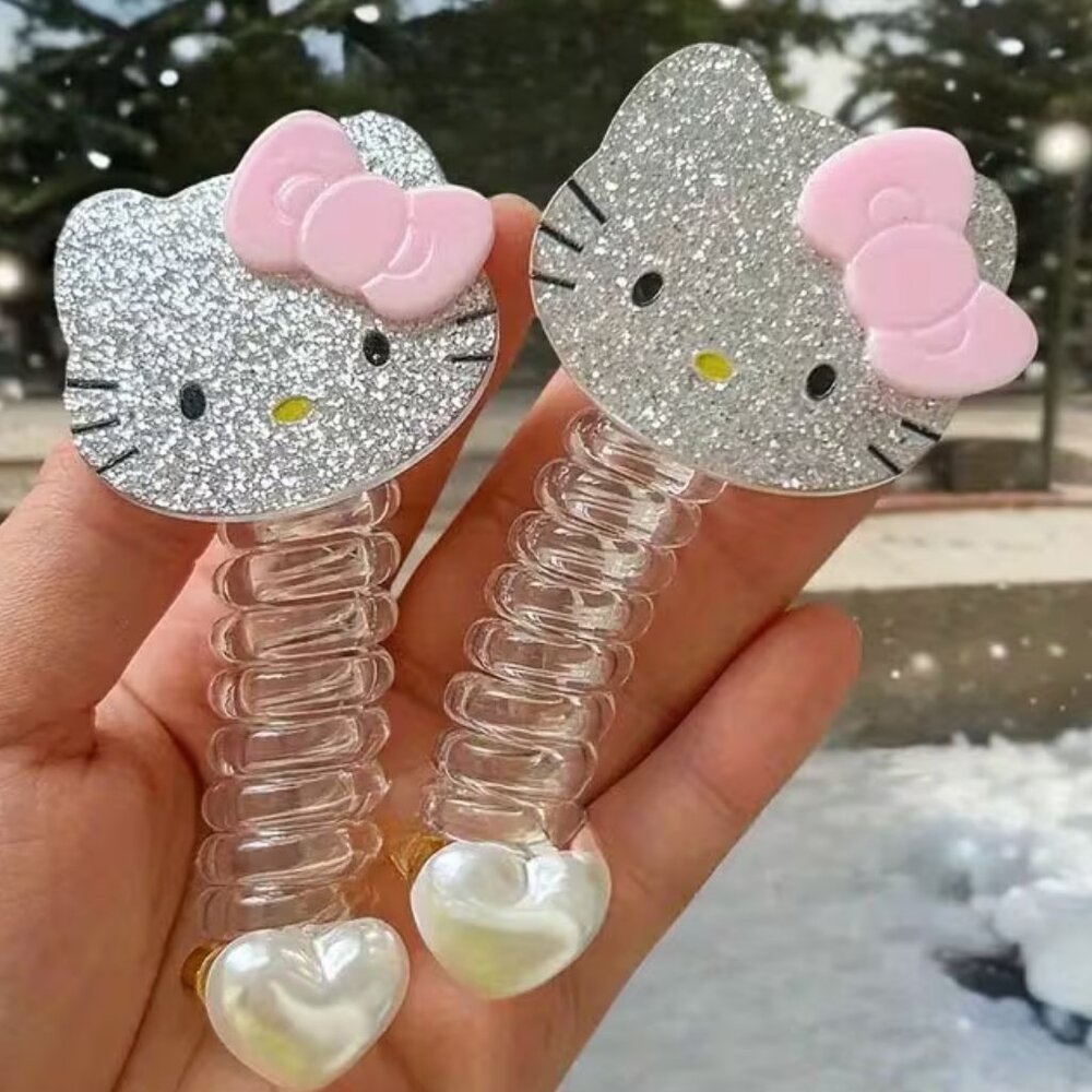 💲1>>>▶Glittery Hello Kitty Hair Clips with Pink Bow